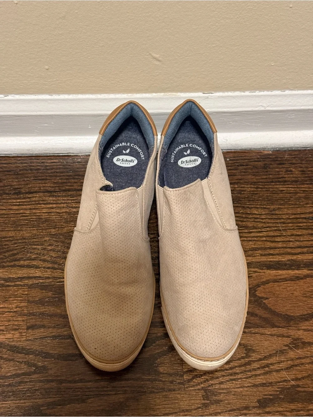 Dr. Scholl's Gray Slip-On Hidden Wedge Sneakers with Tan Heel Accent